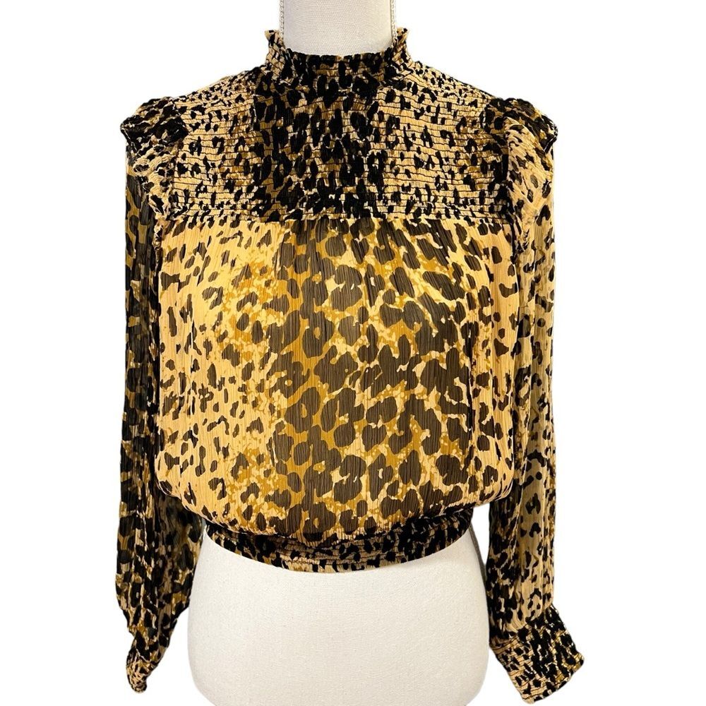 Free People Roma Leopard Print Blouse Size XS Smocked Ruffle Bohemian Romantic